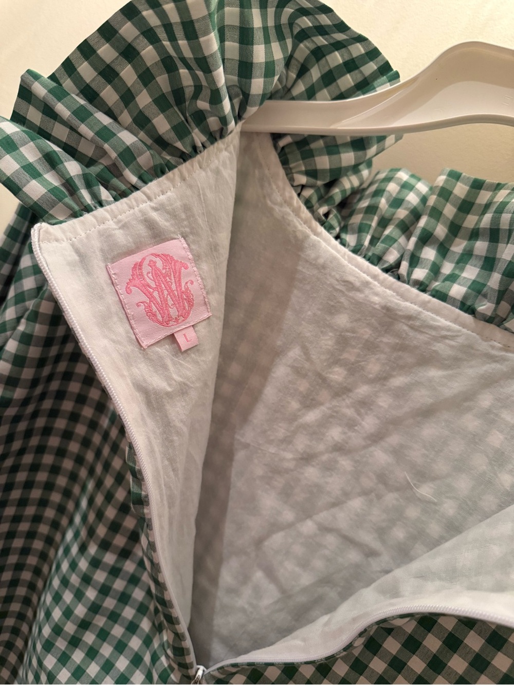 Elizabeth WILSON Green & White Gingham Ruffle-Neck Blouse Large - Picture 2 of 4